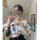 Hong Kong style retro ink printing one-length shirt for women in summer puff sleeves short shirt chiffon short sleeve top trendy
