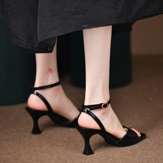 
French high-heeled temperament versatile back empty women's shoes 2025 summer new open toe one-word buckle strap square toe stiletto sandals for women