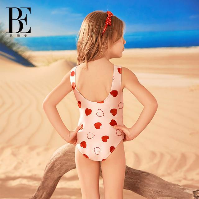 BE Fan De'an girls one-piece triangle swimsuit sun protection anti-chlorine pearlescent little red heart children's swimsuit