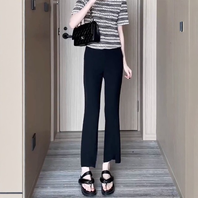 2025 summer new large-size slit nine-point suit pants black versatile slim high waist slightly flare casual pants for women