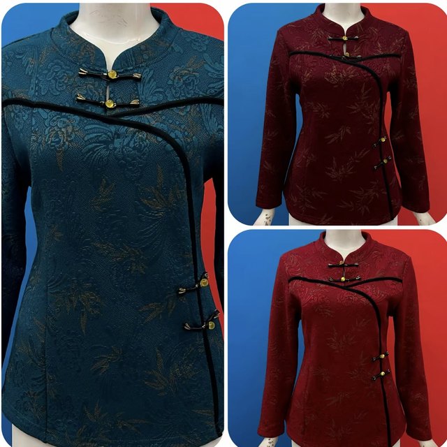 New autumn and winter fashion Chinese style women's plus velvet shirt middle-aged and elderly mothers wear tops retro buckle fashionable