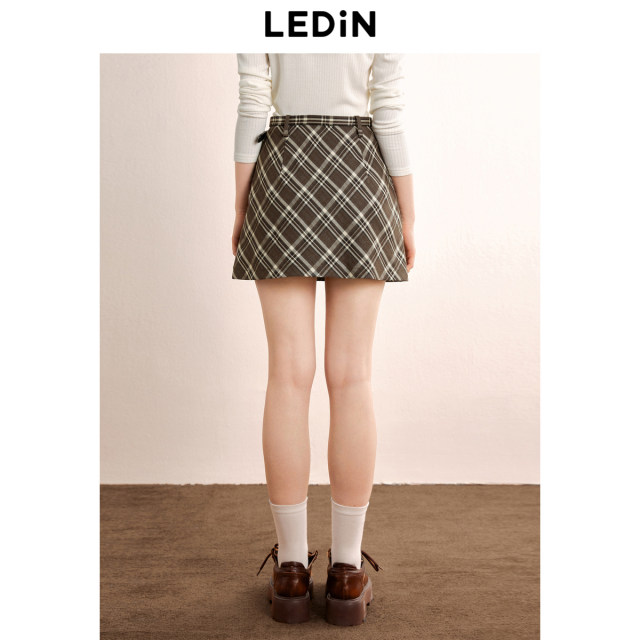 Lecho retro college style skirt autumn new belt A-line skirt meat-covered plaid design skirt
