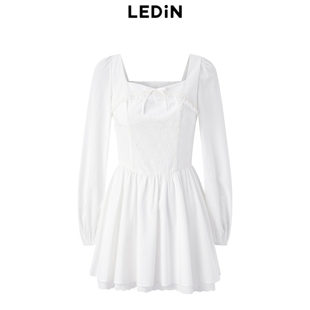 Leducho spring new playful square collar dress shows thin skirt C1FAE1523
