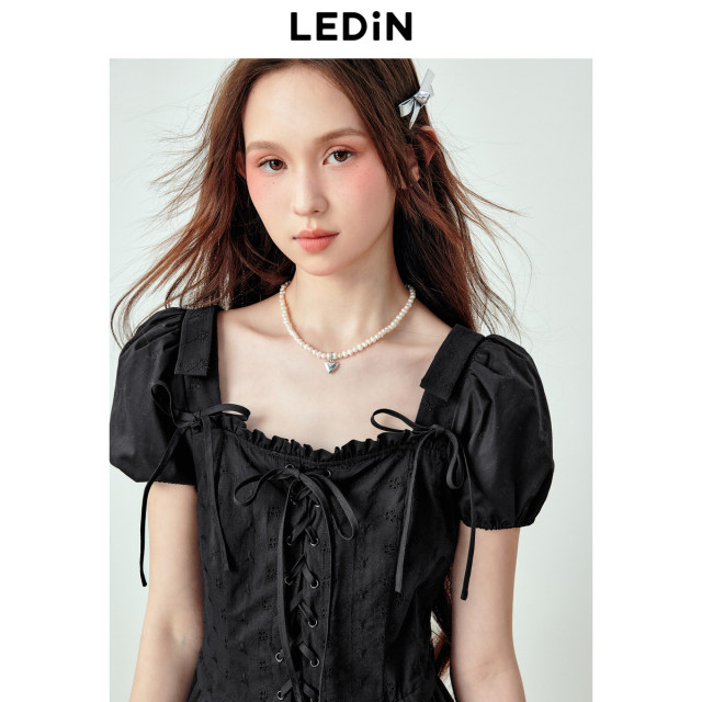 Lechang French -style square collar lace -up dress summer new bubble sleeve princess skirt black square collar short sleeve skirt