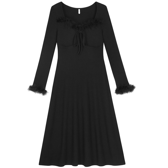 2025 new fat Yingying plus size women's sexy pure lust style black retro feather drape inner dress