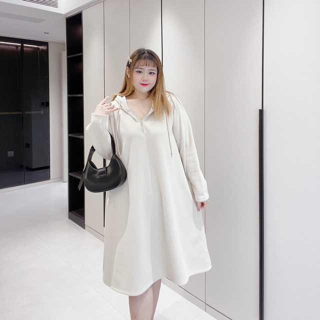 300Jin [Jin is equal to 0.5kg] Extra large size women's fat m big bust plus velvet zipper long hooded sweatshirt skirt lazy casual dress