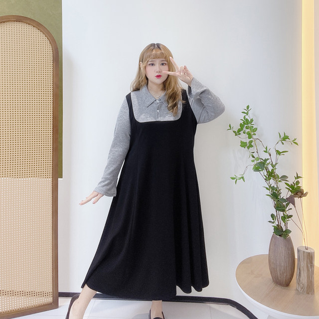 300Jin [Jin is equal to 0.5kg] Fat Ying plus size women's college style contrasting color fake two-piece Korean style loose and age-reducing long dress