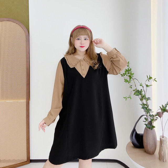 300Jin [Jin equals 0.5 kg] Fat Yingying Large Size Women's Clothing 2025 Fat mm Plaid Doll Collar Fake Two-Piece Short Dress