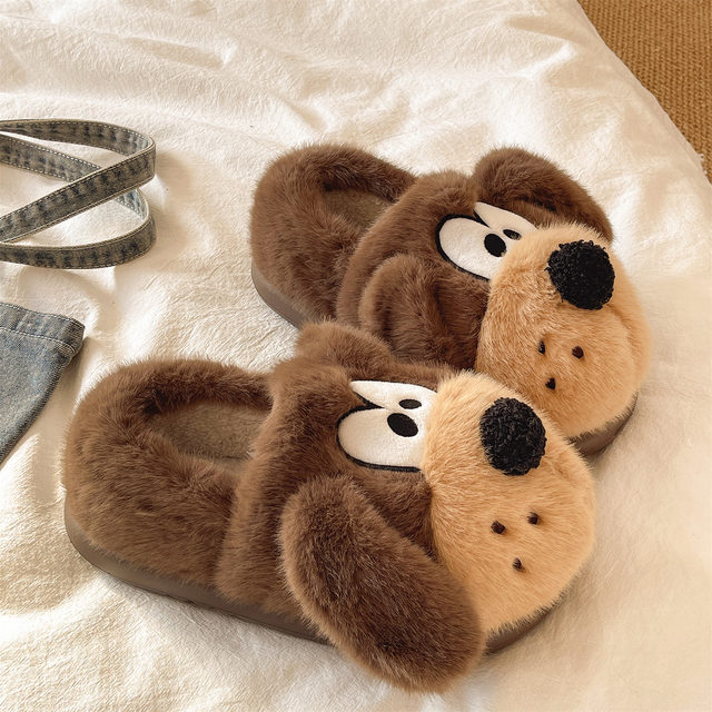 Cotton slippers for women winter indoor home thick-soled non-slip cute big-eared dog warm plus velvet bag heel cotton shoes for men