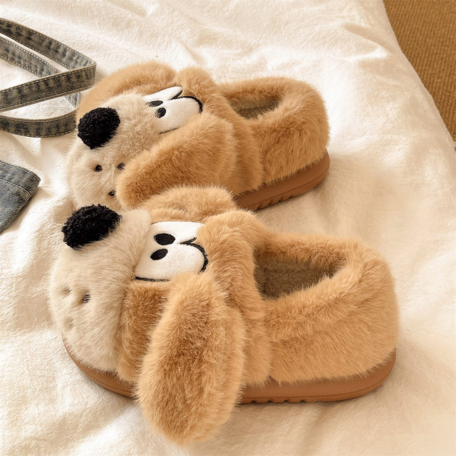 Cotton slippers for women winter indoor home thick-soled non-slip cute big-eared dog warm plus velvet bag heel cotton shoes for men