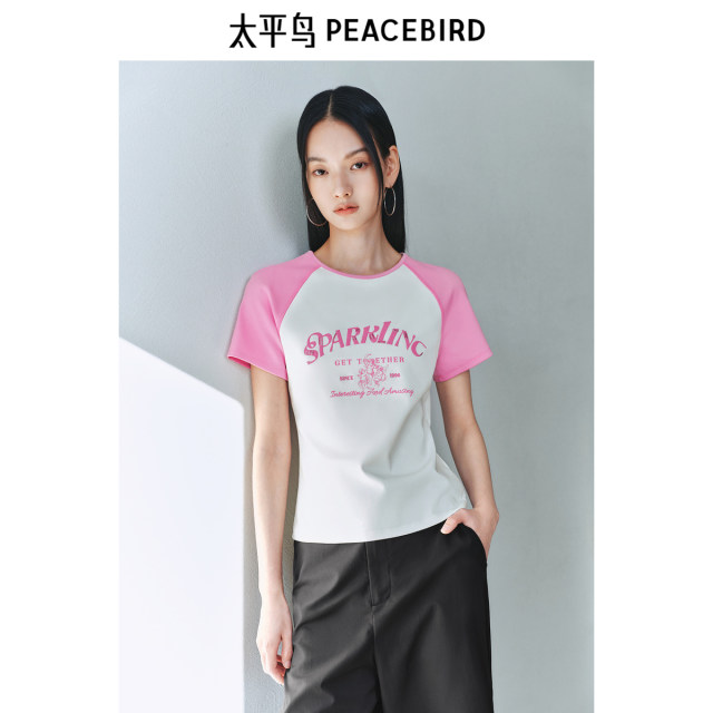 Peacebird Ragsleeves Short Hot T-shirt 25 Summer New Contrast Color Bead Embroidered Elaborate Pattern Top for Women
