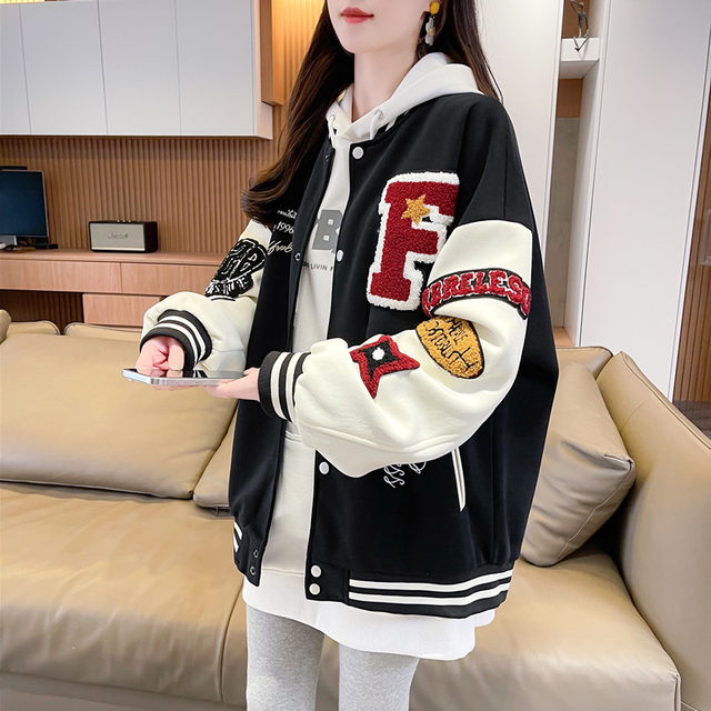 American retro baseball uniform jacket for women 2025 spring and autumn new loose large size embroidered casual couple jacket trendy
