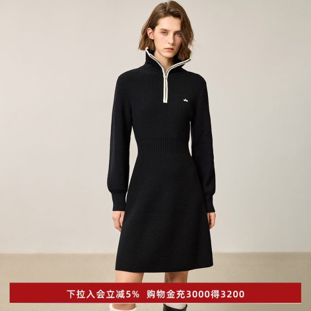 LILY Outlet New Women's Design Contrast Color Zipper Collar Waist Slim Long Sleeve Knitted Dress Women's Style