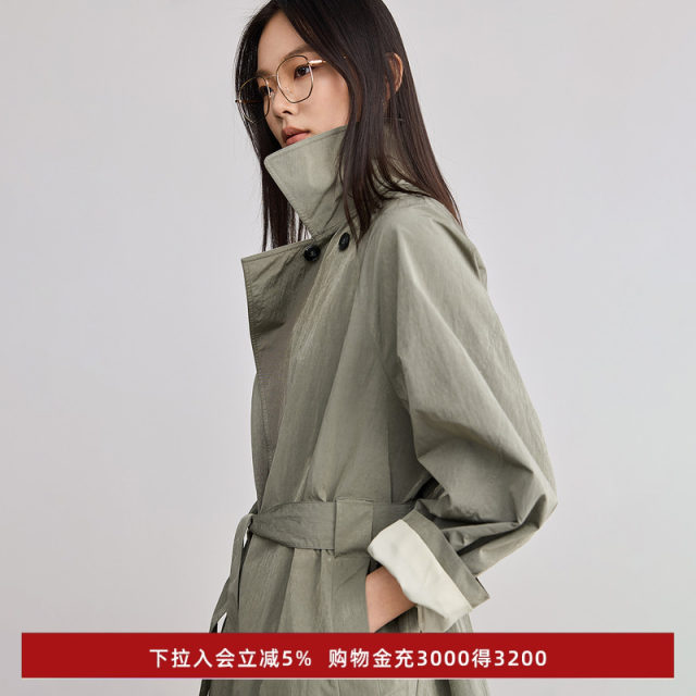 LILY2025 Spring New Classic Retro Loose Casual Belt Waist-Close-Up Commuter Green Trench Coat Women

