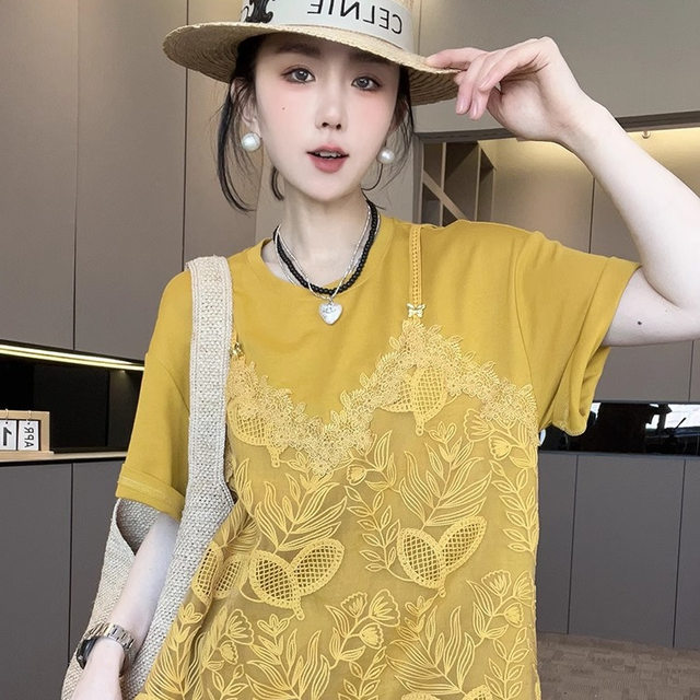 Short-sleeved dress for women 2025 summer new lace hook-up t-shirt skirt round neck skirt