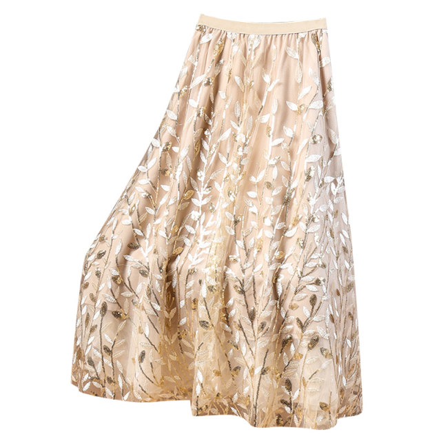 Summer French heavy industry sequin embroidered mesh large sway skirt for women 2025 new skirt umbrella skirt skirt long skirt
