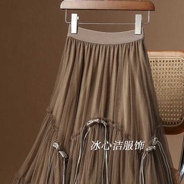 Spring retro buckle decorative mesh large sway skirt for women 2025 new puffy trouser skirt long skirt umbrella skirt skirt