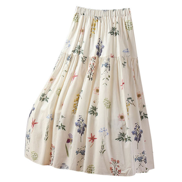 High waist sweet little fresh floral skirt for women in summer 2025 new elastic skirt A-line splicing large long skirt
