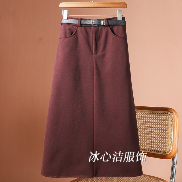 Thickened woolen pocket skirt for Autumn and winter for women 2024 new high-waisted slim mid-length skirt long skirt umbrella skirt