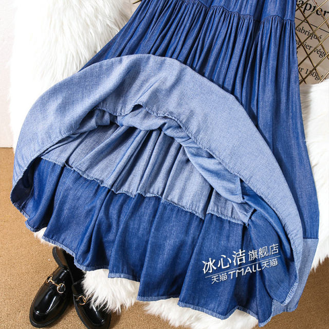 High-waisted spliced ​​Tennis denim skirt skirt A-line women's summer design niche mid-length skirt long skirt
