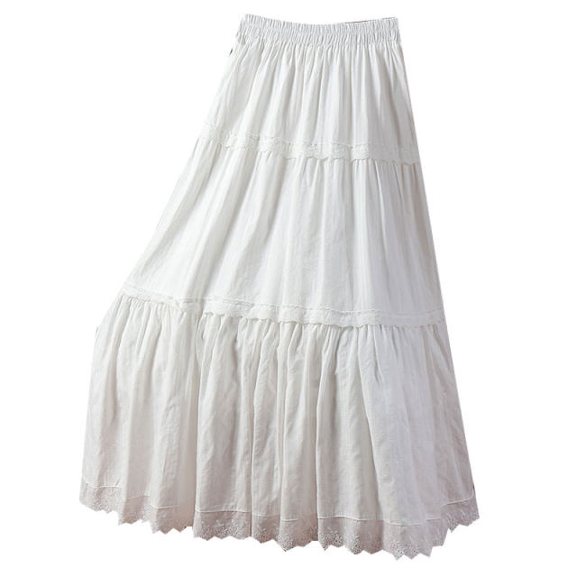 White embroidered lace splicing skirt for women 2025 summer new French A-line cake skirt long skirt umbrella skirt