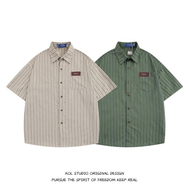 XOL original Japanese striped lapel short -sleeved shirt men's niche design sensor retro port wind chIC shirt summer