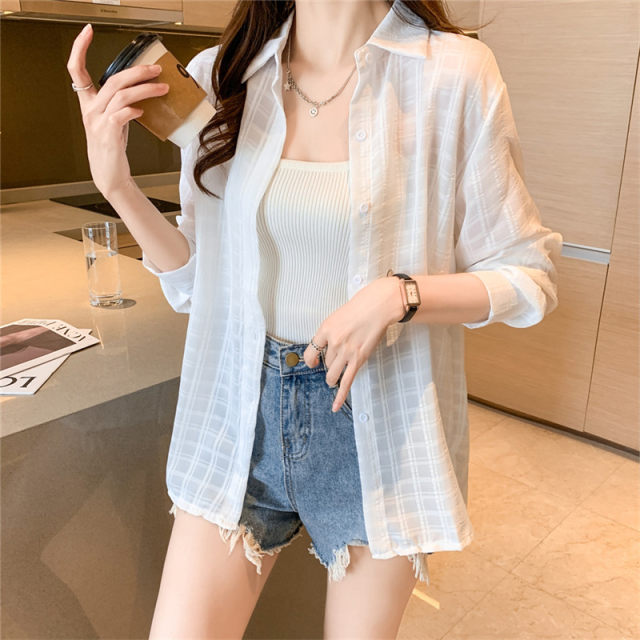 White plaid sunscreen shirt jacket for women in summer new Korean style breathable thin loose versatile cardigan top
