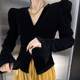 French temperament celebrity V-neck bubble trumpet sleeve waist slit versatile women velvet retro slim body sleeves