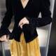 French temperament celebrity V-neck bubble trumpet sleeve waist slit versatile women velvet retro slim body sleeves