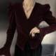 French temperament celebrity V-neck bubble trumpet sleeve waist slit versatile women velvet retro slim body sleeves