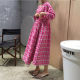 Korean version of V -neck tie thin long sleeve cotton and linen dress women's French retro lattice long skirt large size casual A -line skirt
