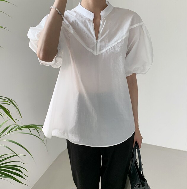 Summer loose slit stand collar puff sleeve white shirt women's large size short-sleeved casual shirt fashionable doll shirt top