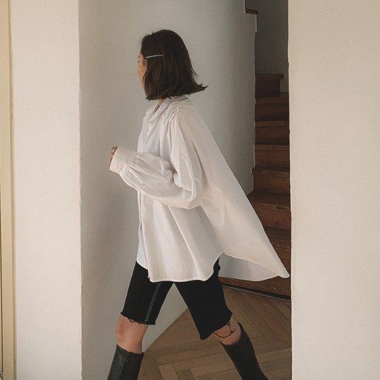 Mid-length white lantern sleeve shirt for women loose sweet doll shirt for long sleeve stand collar irregular fashionable shirt trendy