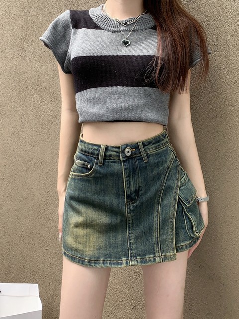 High-waisted denim short skirt for women in summer 2024 new design hot girl hip trousers skirt large size A-line skirt