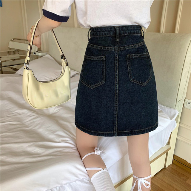 Niche design high -waisted denim skirt female summer 2022 new large size, thin A -line skirt bag hip skirt