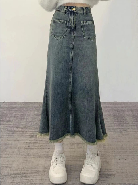 Retro mid-length denim skirt for women in spring and summer 2024 new large-size fish tail half-body long skirt A-line slim hip-pack skirt