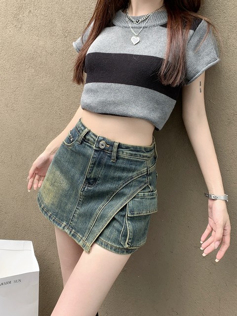 High-waisted denim short skirt for women in summer 2024 new design hot girl hip trousers skirt large size A-line skirt