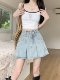 Light blue hottie high-waisted denim skirt for women summer new large size fat mm slimming A-line pleated short skirt