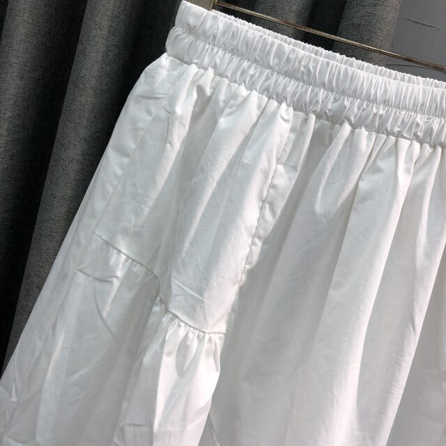 Korean style white elastic waist casual splicing skirt for women in summer fashion loose and fashionable A-line large sway midi skirt