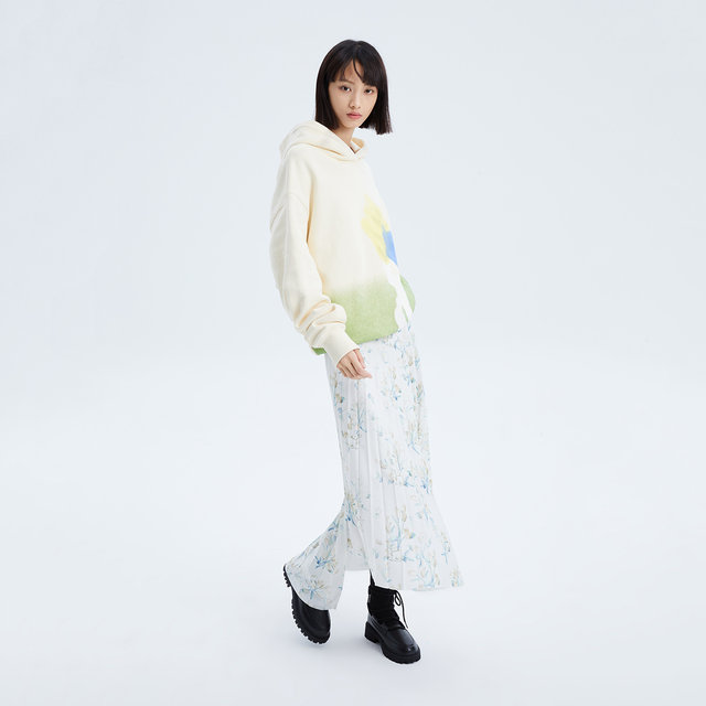 LILY Spring New Women's Gentle Print Chic Irregular Pleated Skirt Women