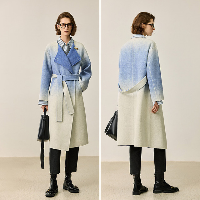 LILY new winter women's light luxury mulberry silk rabbit fur gradient double-sided printed wool double-sided wool coat
