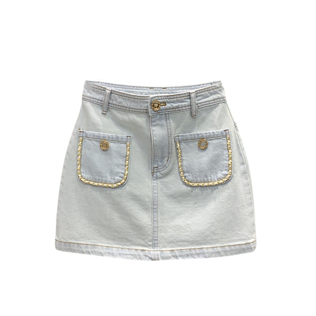 2025 summer new pocket chain design sense denim skirt for women versatile slim A-line skirt
