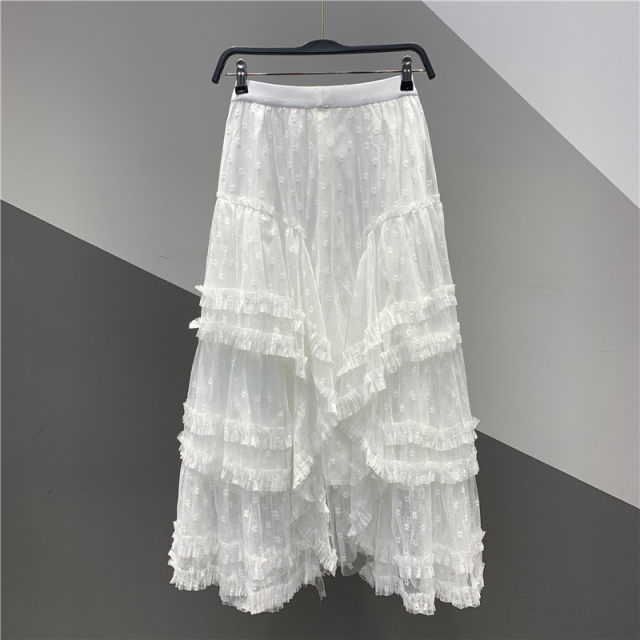 2025 Spring New High Waist Lace Flower Mesh Irregular Ruffle Mid-length Fairy Cake Skirt