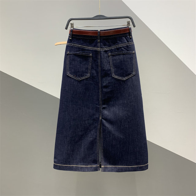 New high-waist dark blue half-body denim skirt for spring 2025 for women with versatile slim and one-step straight midi skirt