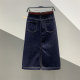 New high-waist dark blue half-body denim skirt for spring 2025 for women with versatile slim and one-step straight midi skirt