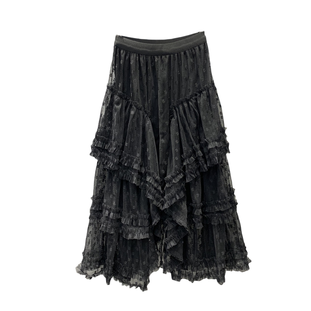 2025 Spring New High Waist Lace Flower Mesh Irregular Ruffle Mid-length Fairy Cake Skirt