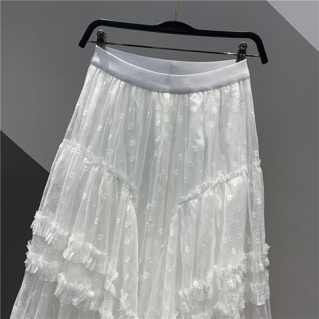 2025 Spring New High Waist Lace Flower Mesh Irregular Ruffle Mid-length Fairy Cake Skirt
