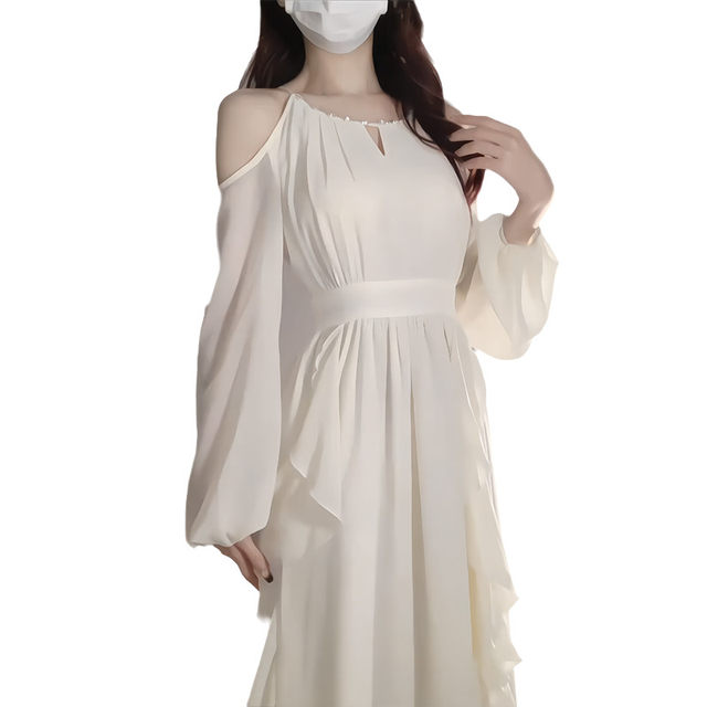 Super fairy ruffled chiffon dress for women in spring and summer 2025 new French off-shoulder seaside vacation fairy skirt