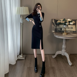 New Chinese improved cheongsam dress women fall and winter flannelette thick trim thin black bottom vest skirt across the knees