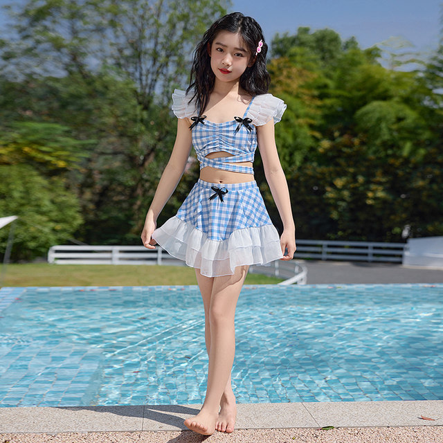 Kardashian children's swimsuit girls 2025 new student hot spring split skirt style belly-covering plaid swimsuit